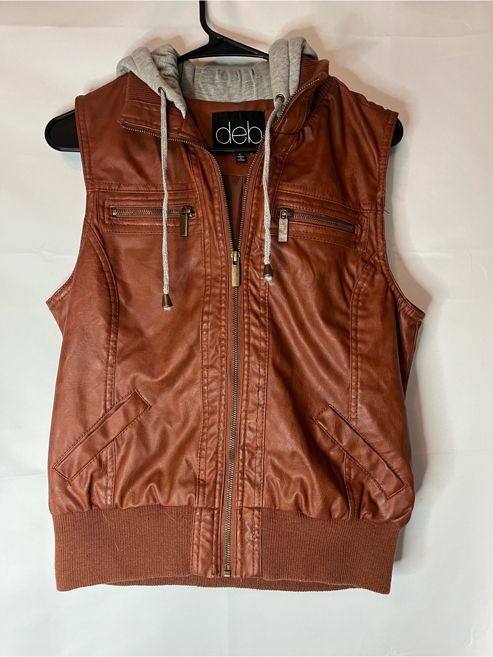 Deb Women's  Brown Faux Leather Vest with Gray Hood